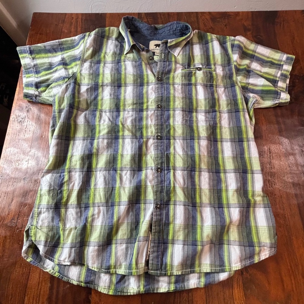Dakota Grizzly Mens XL Short Sleeve Button Down Shirt Green Blue Plaid‎ Cotton